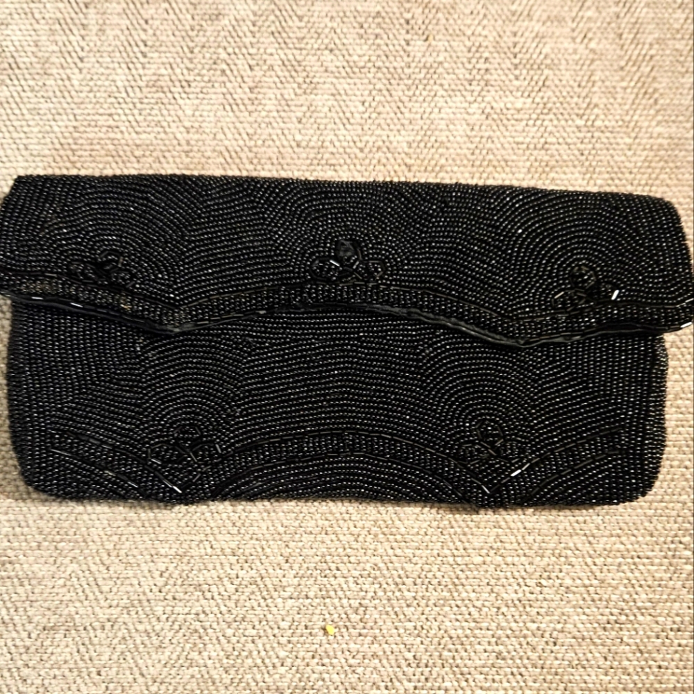 Elegant Vintage 1960s Beaded Richere Black Evening Clutch.  Made in Japan.